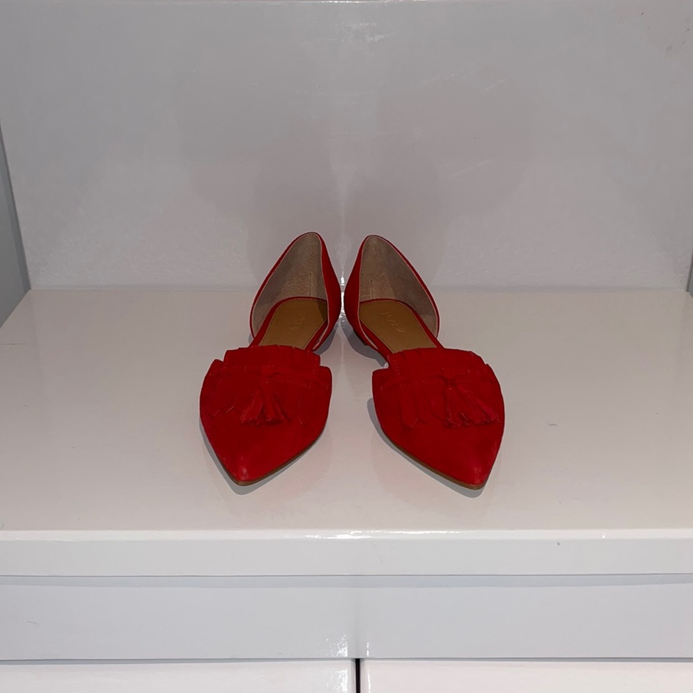 J. Crew outlet orange/red suede Oxford loafer.